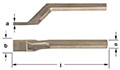 A bronze metal caulking tool with a 130 degree sloped shaft rising to a round horizontal handle, with dimensions labeled: "a" for the height of the cutting edge, "b" for the width of the caulking edge, "s" indicating the handle diameter, and "l" marks the